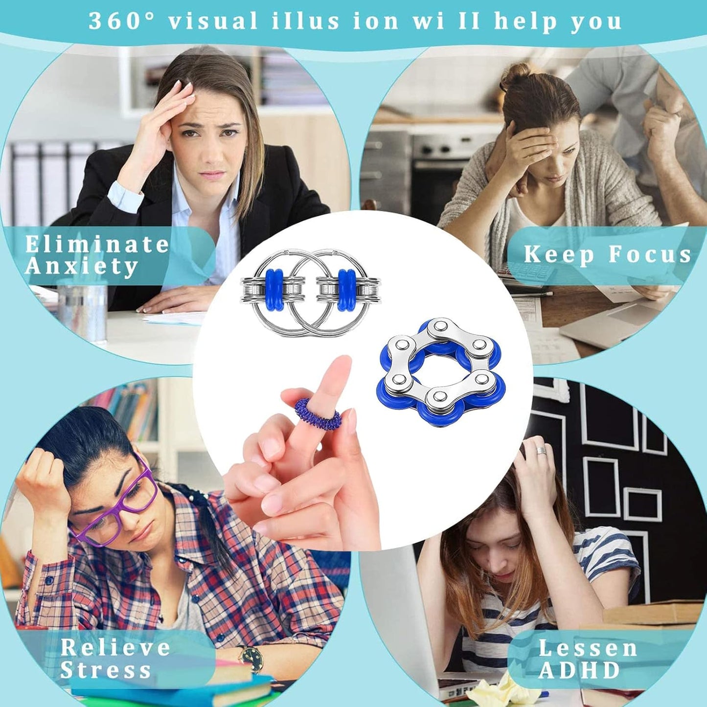 8 Pcs Sensory Fidget Toys Pack Flippy Roller Bike Chain Fidget Spinner Anxiety and Stress Relief Silent Tools Mesh Marble Acupressure Ring for Adults Teens Kids Boys Girls