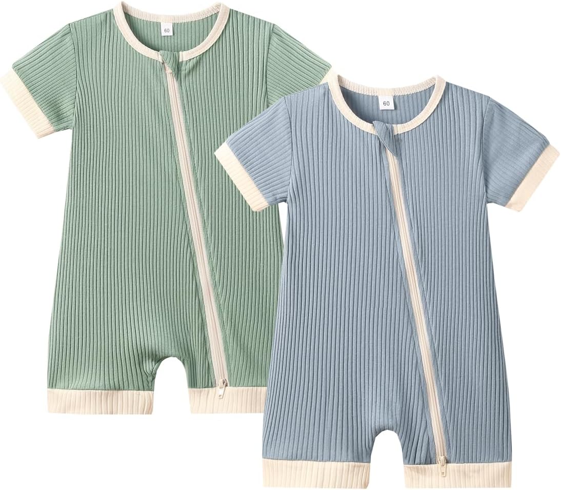 Bafeicao Unisex Baby Boy Girl 2 Pack Rompers Short Sleeve 2 Way Zipper One Piece Jumpsuits Clothes Sets