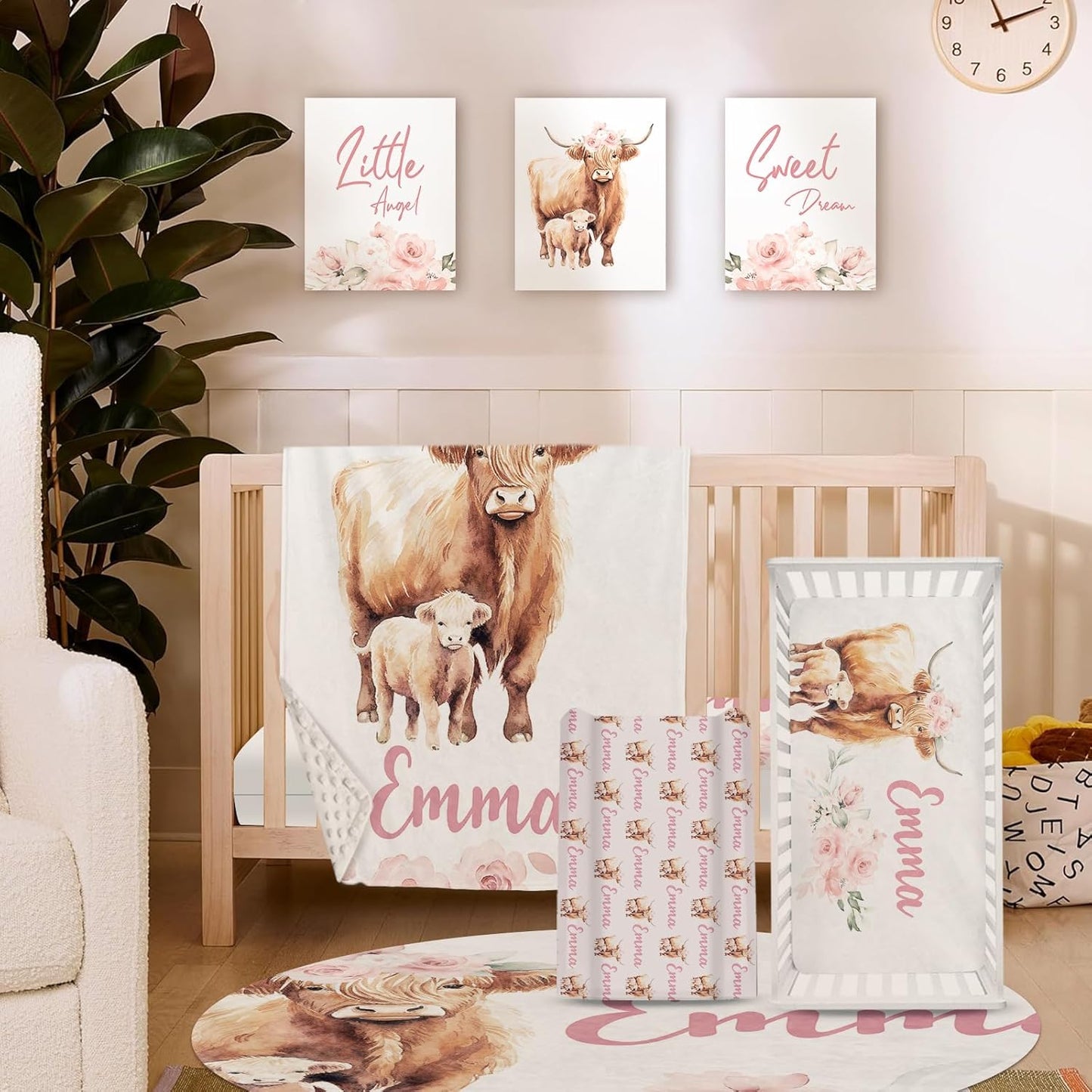 Personalized Baby Crib Bedding Set for Baby Girls, Pink Highland Cow Pattern Custom Name Baby Crib Sets 5-Pcs, Toddler Double Layer Blanket Fitted Sheets Changing Pad Cover Rug Wall Art Set