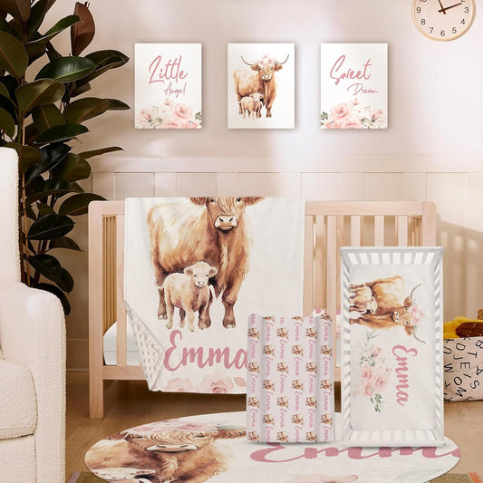 Personalized Baby Crib Bedding Set for Baby Girls, Pink Highland Cow Pattern Custom Name Baby Crib Sets 5-Pcs, Toddler Double Layer Blanket Fitted Sheets Changing Pad Cover Rug Wall Art Set