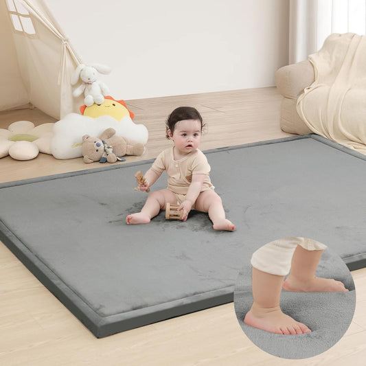 Baby Play Mat for Floor,1.3" Thick Memory foam Tummy Time Mat,79"×158“ Extra Large Soft Velvet Nursery Rug,Non Slip Safe for Crawling,Toddlers,Infants,kids,Tatami Style for Living Room(Dark Grey)