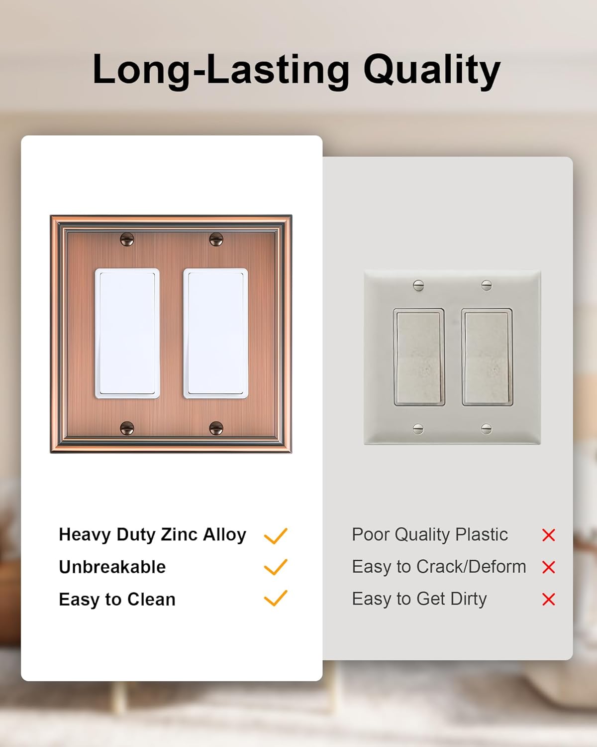 2-Pack Decorative Double Decorator Outlet Cover Plate, Durable Zinc Alloy Antique Copper Wall Plates for Electrical Outlets, Receptacle, GFCI Outlet, Dimmer Switch, 2-Gang Corrosion Resistant