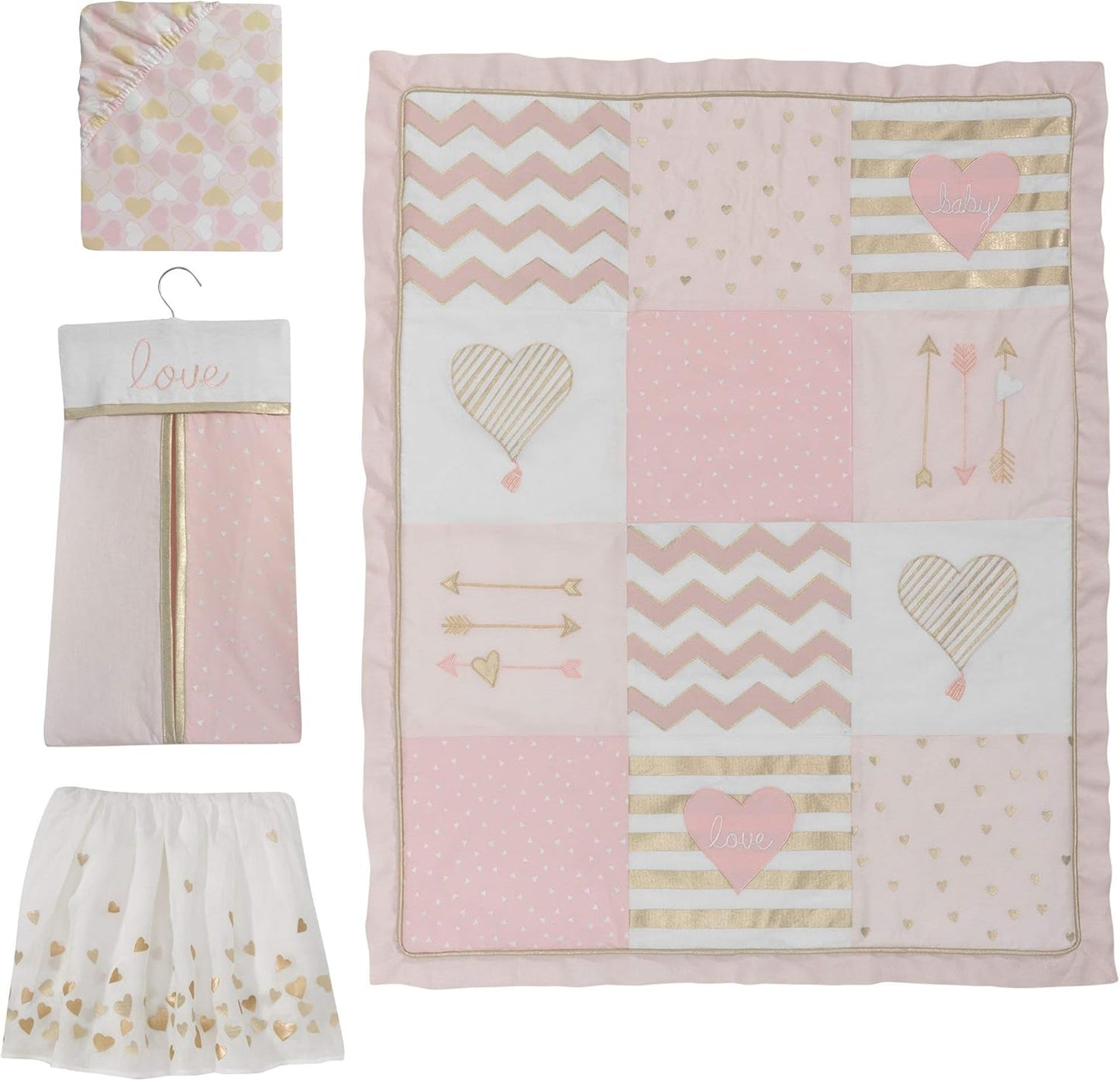 Lambs & Ivy Baby Love Pink/Gold Girl Heart 4 Piece Crib Bedding Set