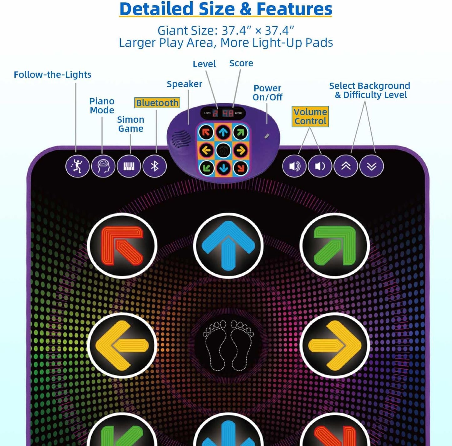 SUNLIN Light Up Dance Mat for Boys Girls Ages 3 4 5 6 7 8, Fun Toy Gift w/ 9 Light Up Keys & Bluetooth, Interactive Music Pad w/ 4 Game Modes & Adjustable Volume, Birthday Gift for Kids 3-12