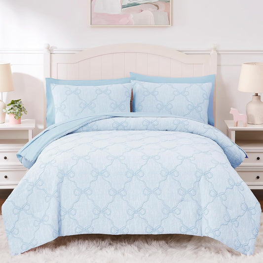 Queen Comforter Set with Sheets for Girls-7 Pieces Queen Bedding Sets with Light Blue Comforter, Sheets, Pillowcases & Shams for Kids (Light Blue Bow Knot, 90" X 90")
