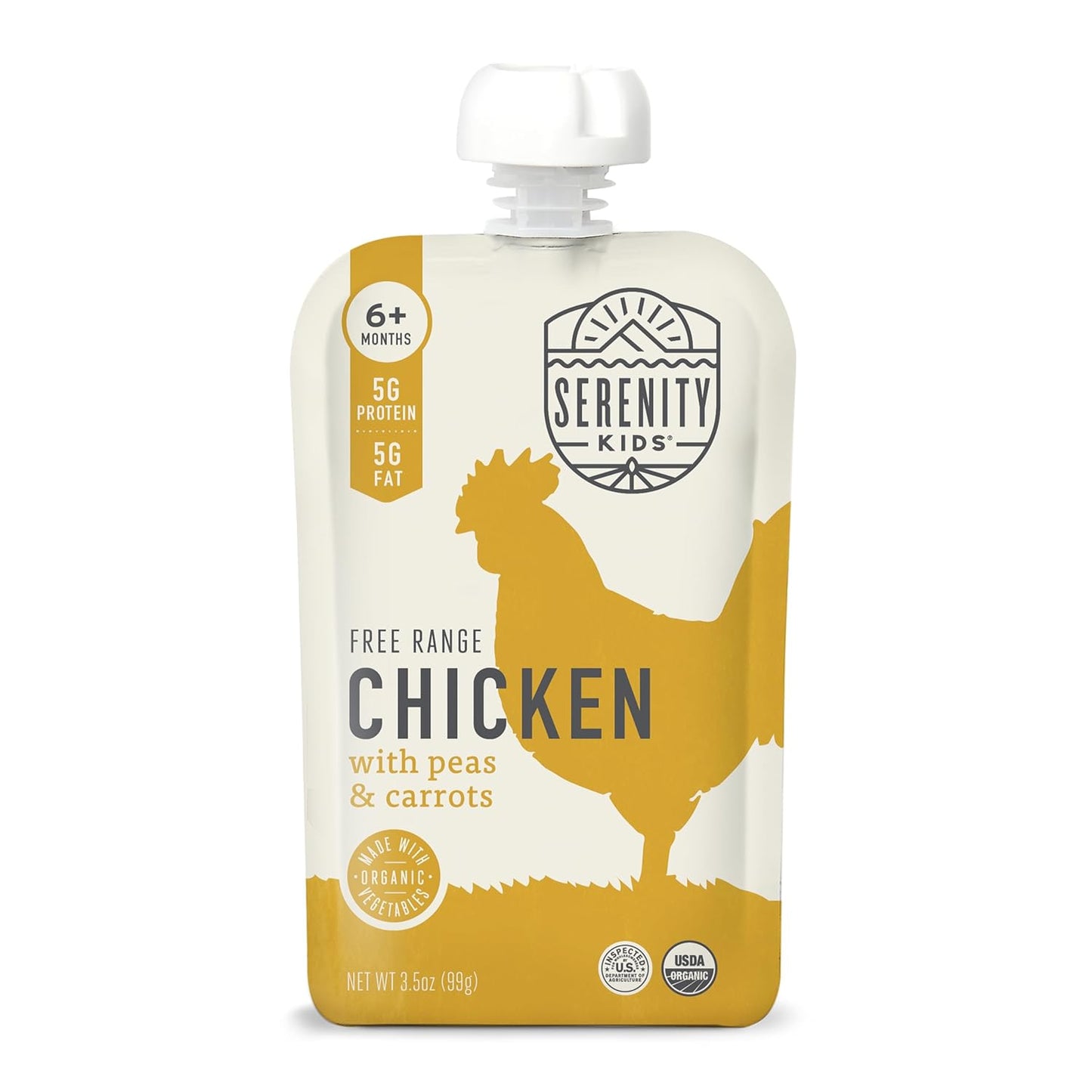 Serenity Kids 6+ Months Baby Food Pouches Chicken Puree - BPA-Free Organic Baby Food - Free-Range Chicken & Pea & Carrot - 3.5 Oz, 6 Pack