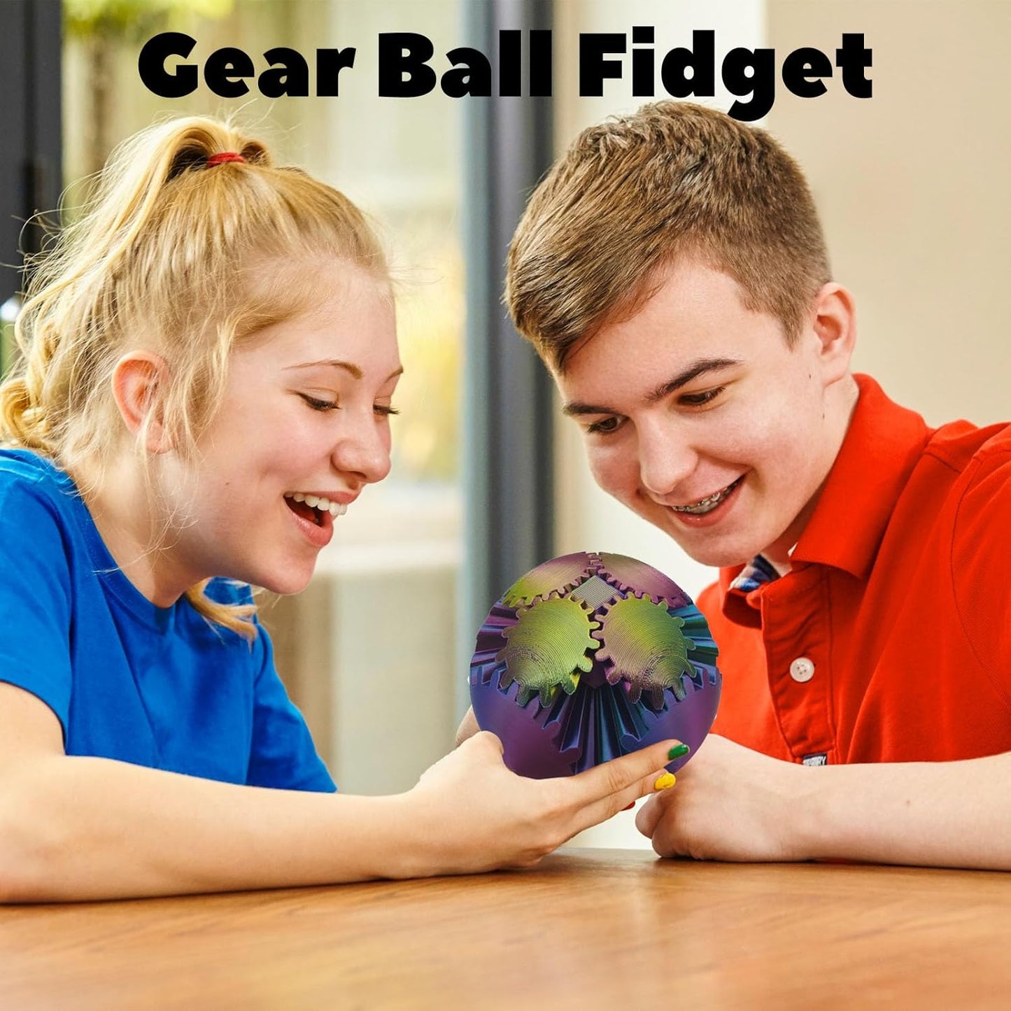 3D Printed Gear Ball Spin Ball, 4inch Large Gear Ball Fidget Toy, Gear Sphere Cube Puzzle, Gearball Fidget Desk Toy, Gearsphere Steampunk Whirling Wonder Fidget Stress Ball (Red Blue)