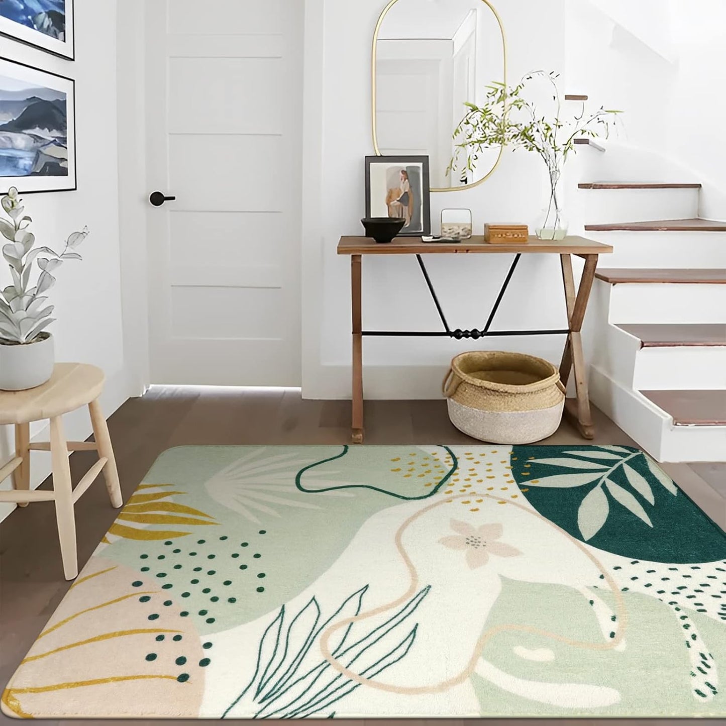 Lahome Green Botanical Print Washable Rugs - 5x7 Area Rugs for Living Room Boho Throw Large Bedroom Kitchen Rug Non-Slip Low-Plie Entryway Rug Floor Mat Carpet for Dining Laundry Room Office Rug