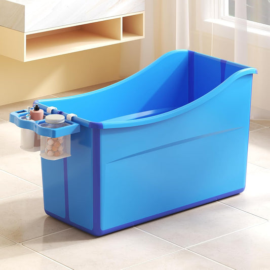 Collapsible Baby Bathtub Foldable Bathtub for Toddler Portable Large Foldable Bath Tub Bathtub for Kids Petite with Thermometer and Storage Basket (Blue)