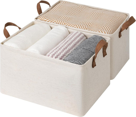 StorageWorks Storage Bins, Shelves Baskets for Organizing, Large Fabric Closet Organizers with Handles, Metal Frame, Beige（Cotton-linen）, 2-Pack