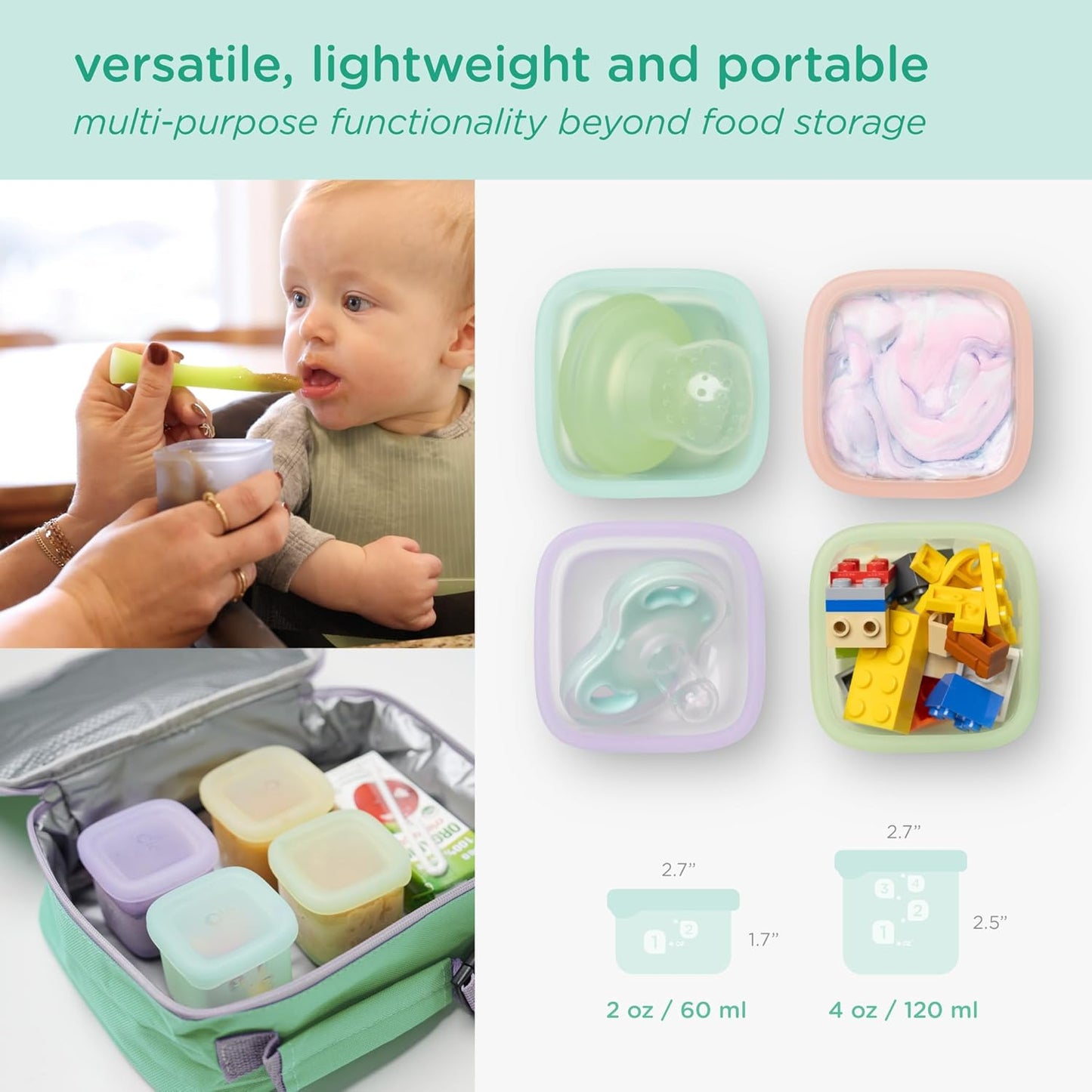 Olababy Clear Sense Silicone Storage Containers 4pk for Baby Food, Snacks, Formula, Puree, Sauce & More | Micro Plastic & BPA-Free | Daycare Essentials for Toddlers and Kids (Mint, 2 oz / 60 ml)