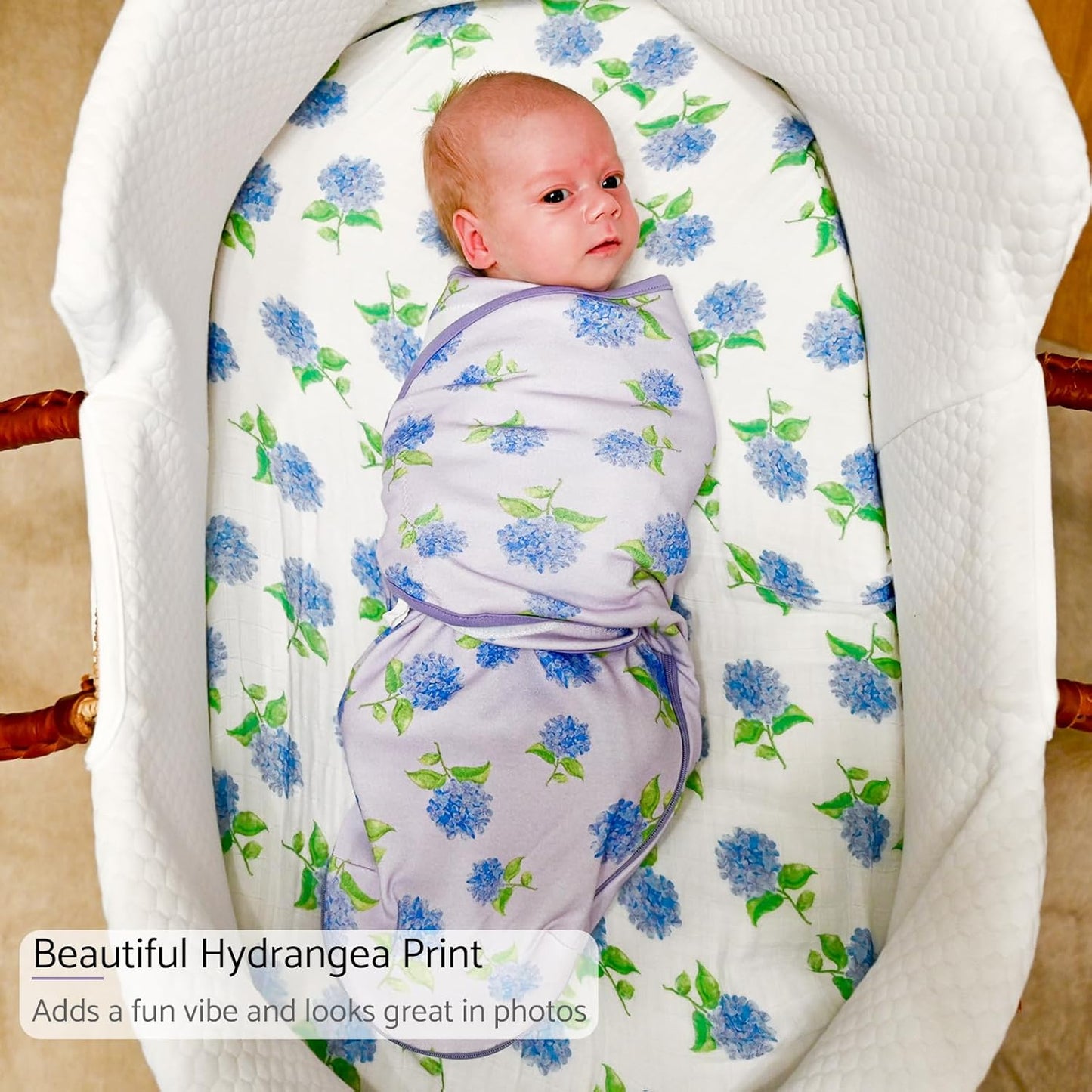LollyBanks Baby Swaddles 100% Organic Cotton, 0-3 Months Baby Girl Swaddles with Easy Change Zipper, Swaddle Sack for Newborn Girls (Hydrangea Print)