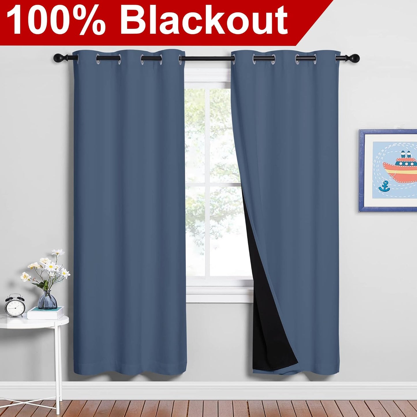 NICETOWN Full Shade Curtain Panels 72 inches Long, Pair of Energy Smart & Noise Blocking Out Blackout Drapes for Guest Room Window, Thermal Insulated Lined Window Dressing (Stone Blue, 42x72)
