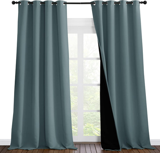NICETOWN Full Shading Curtains 96 inches Long 2 Panels Set for Windows, Super Heavy-Duty Black Lined Blackout Curtains for Bedroom, Privacy Assured Window Treatment (Greyish Blue, 55 inches W)