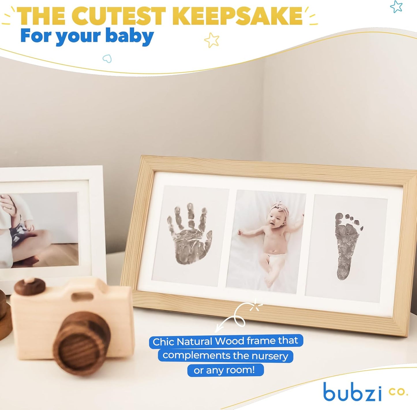 Bubzi Co Baby Handprint Kit & Footprint Photo Frame for Newborn Girls and Boys, Unique Baby Shower Gifts Set for Registry, Memorable Keepsake Decorations for Room Wall or Nursery Decor (Natural Wood)