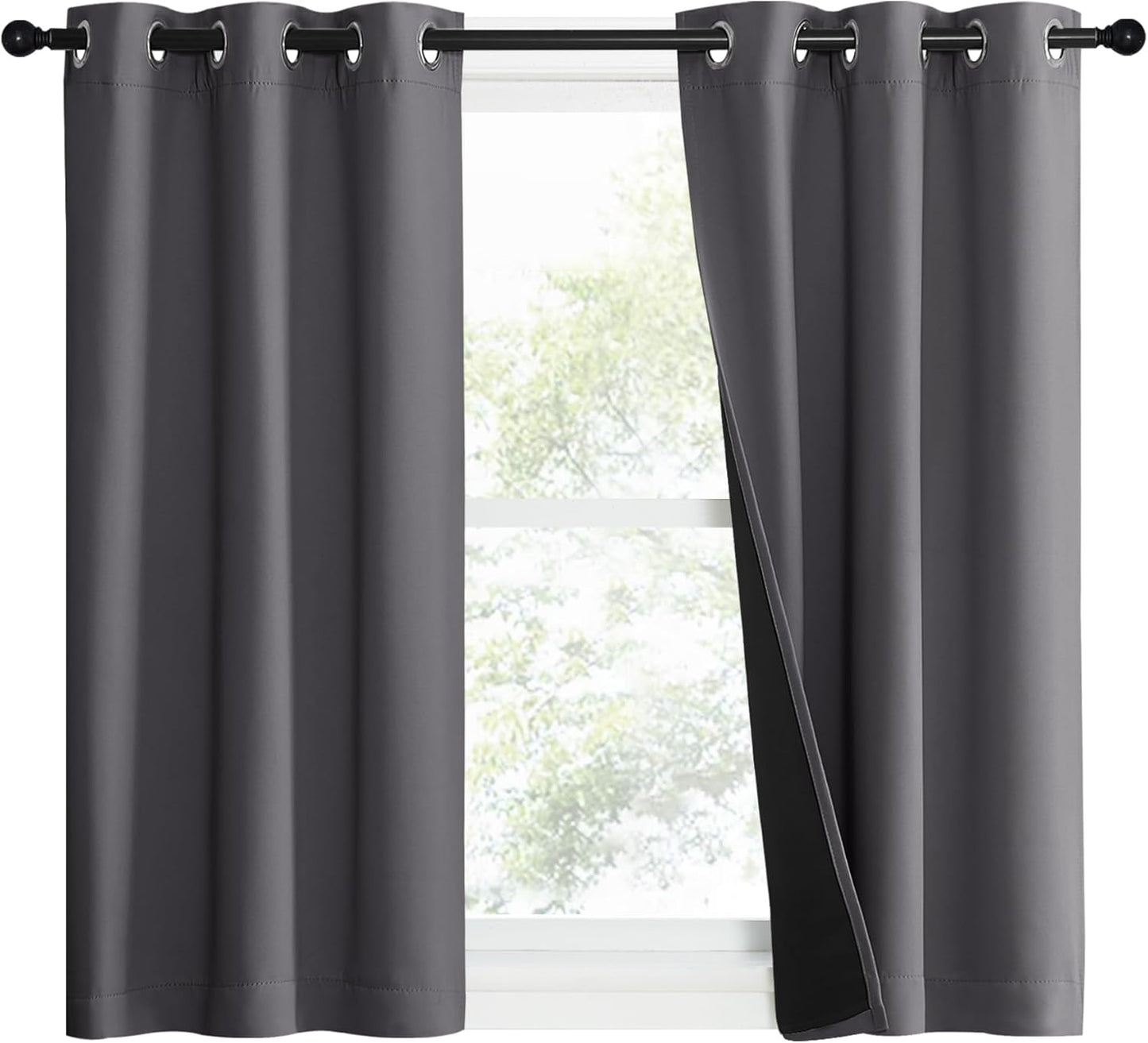 NICETOWN 100% Blackout Short Curtains with Black Liners, 2 Panels, 37" W by 40" L, Grey, Solid Thermal Insulated Full Blackout 2-Layer Lined Drapes, Energy Efficiency Window Draperies for Bedroom