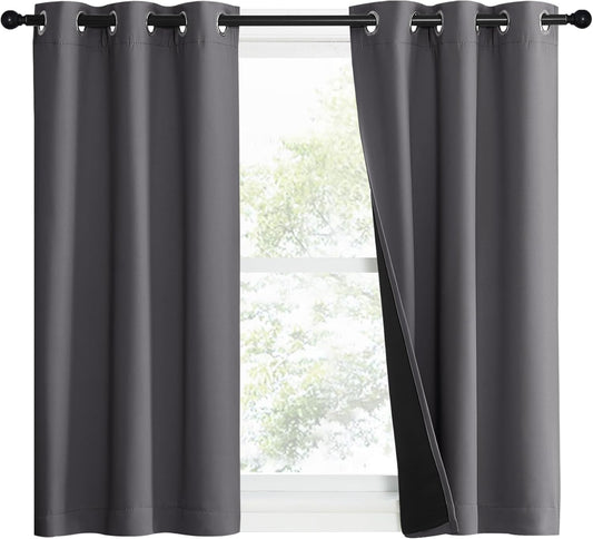 NICETOWN 100% Blackout Short Curtains with Black Liners, 2 Panels, 37" W by 40" L, Grey, Solid Thermal Insulated Full Blackout 2-Layer Lined Drapes, Energy Efficiency Window Draperies for Bedroom
