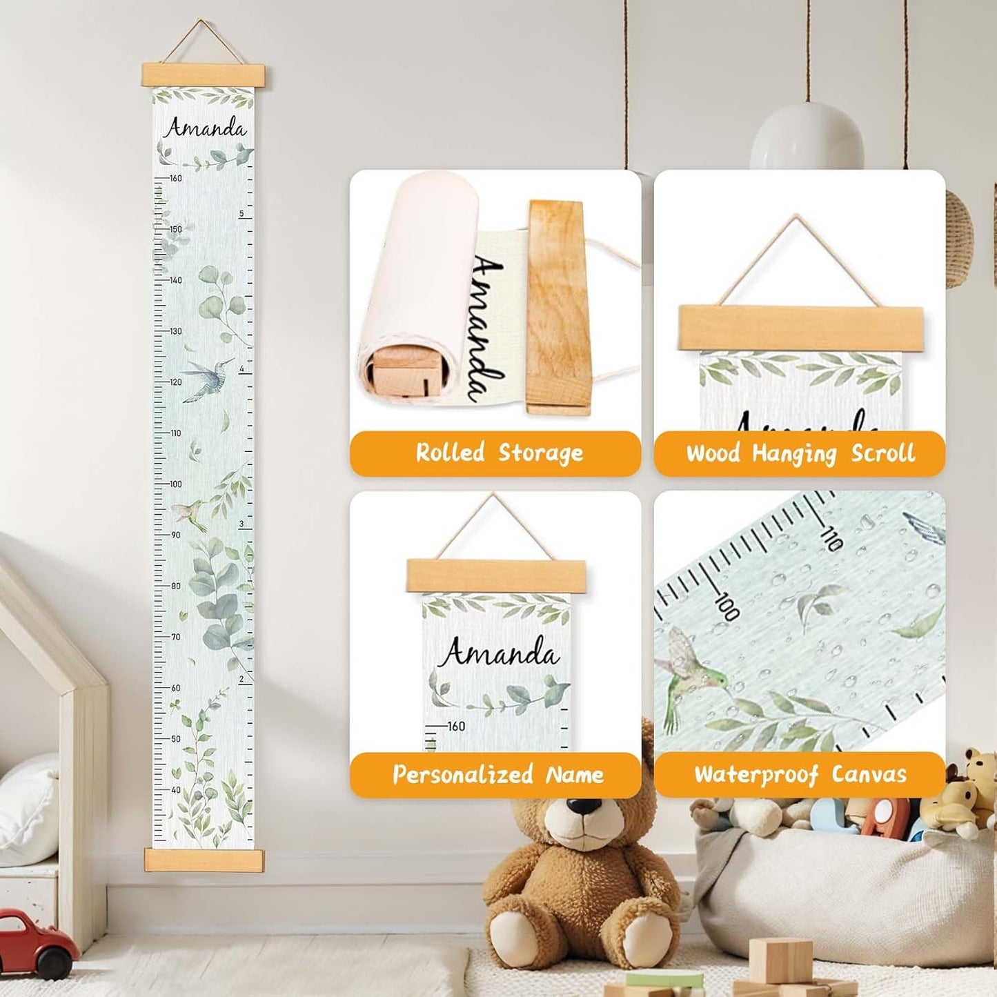Personalized Name Growth Chart for Wall, Eucalyptus Leaves Canvas Height Chart for Kids Baby Child Toddler Boys Girls, Canvas&Wood Growth Chart for Wall Room Nursery Decor,Easy Care