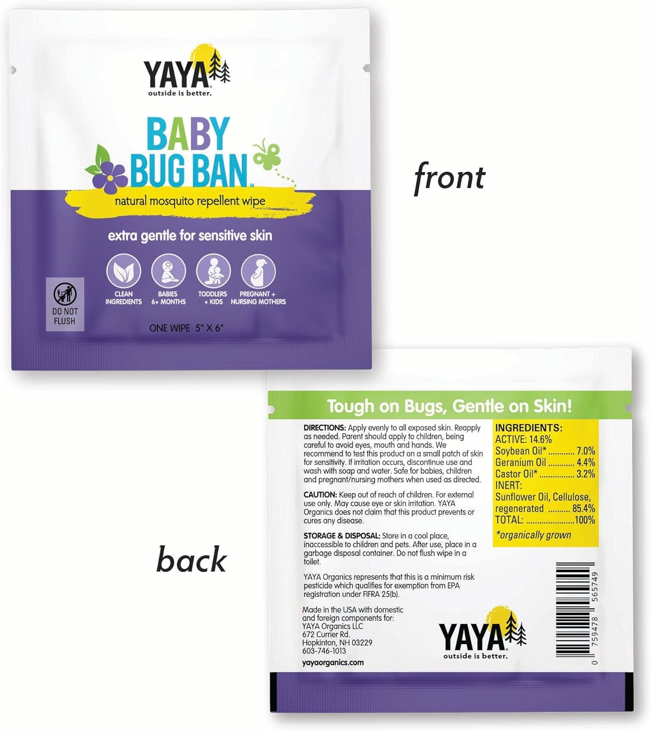 YAYA ORGANICS Baby Bug BAN Insect Repellent Wipes – All-Natural, DEET-Free, Non-Toxic, for Babies, Kids and Sensitive Skin (24 Count, Pack of 2)