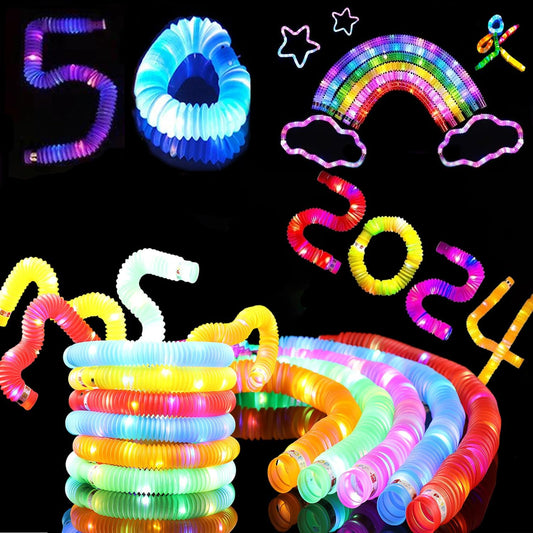 LED Light Up Pop Tubes Glow Sticks, Fidget Sensory Toys, Glow in The Dark Christmas Party Supplies Goodie Bag Stuffers for Boys Girls Birthday Party Carnival Return Gifts (50pcs)