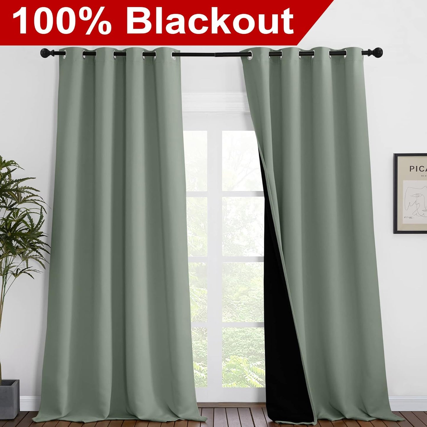 NICETOWN Full Shading Curtains for Windows, Super Heavy-Duty Black Lined Blackout Curtains for Bedroom, Privacy Assured Window Treatment (Greyish Green, Pack of 2, 55 inches W x 102 inches L)