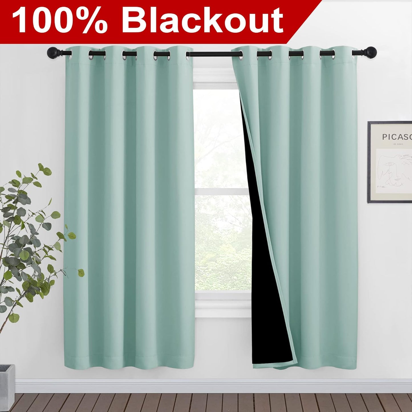 NICETOWN 100% Blackout Window Curtain Panels, Full Light Blocking Drapes with Black Liner for Nursery, 72-inch Drop Thermal Insulated Draperies (Aqua Blue, 2 Pieces, 46-inch Wide Per Panel)