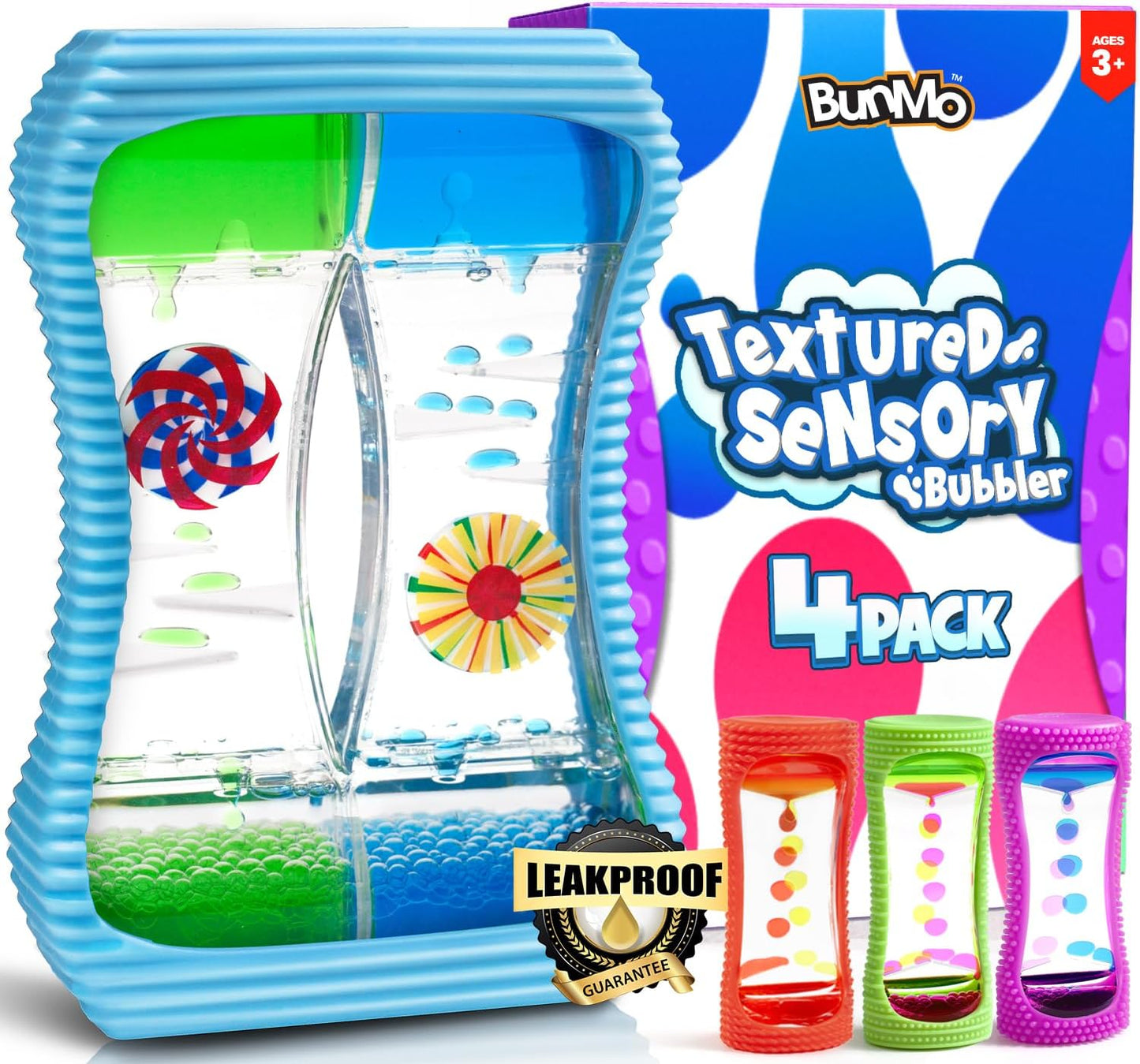 BUNMO Liquid Motion Bubbler with Sensory Texture - Liquid Timer - Bubble Timer - Liquid Motion Sensory Toys for Autism, Calming & Sensory Exploration - Kid Sensory Bottles Tubes - Large 4 Pack