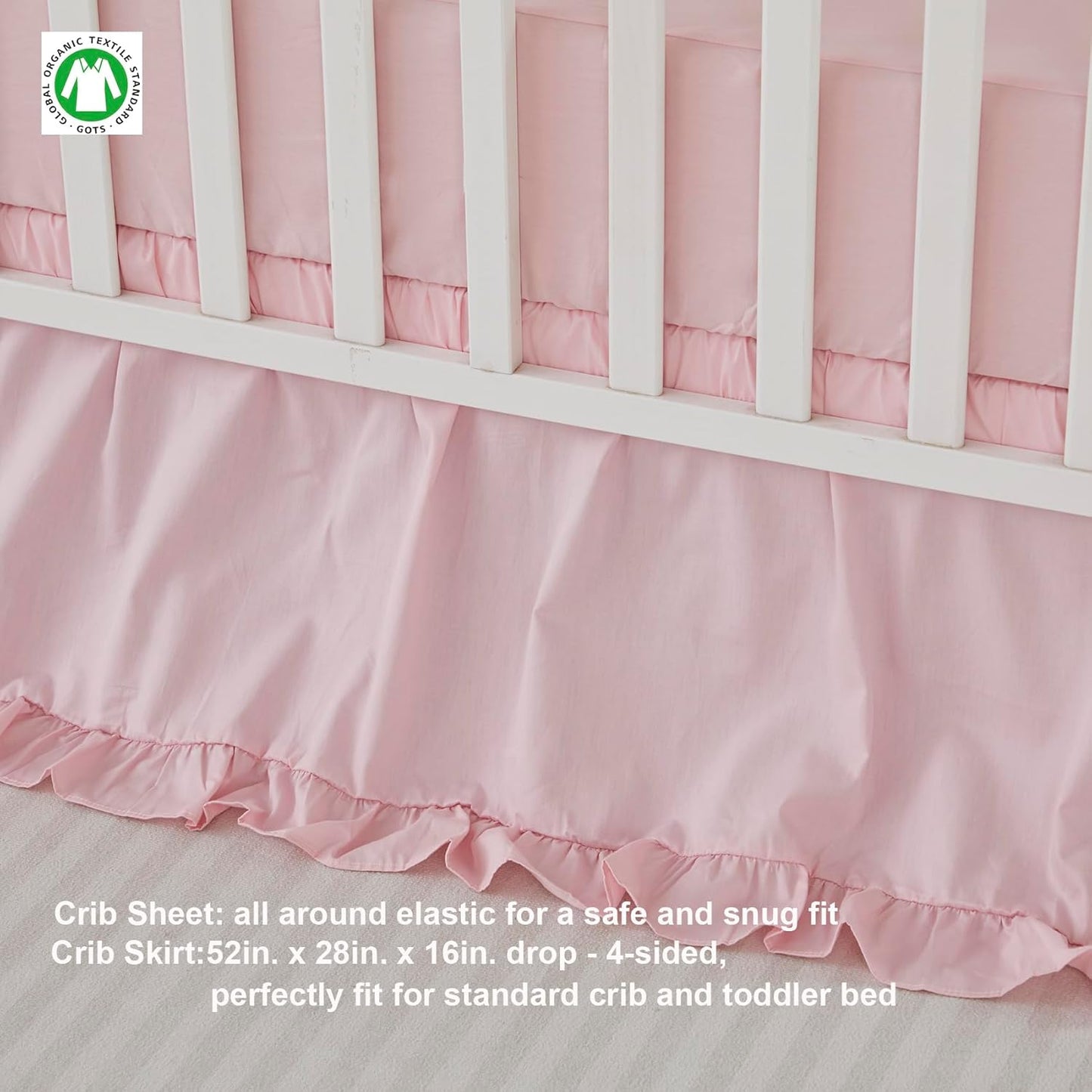 Brandream Farmhouse Crib Bedding Sets for Girls and Boys | 3 Piece Nursery Set Pink Ruffles | Baby Comforter, Fitted Crib Sheet, Crib Skirt Included,100% Cotton Percale