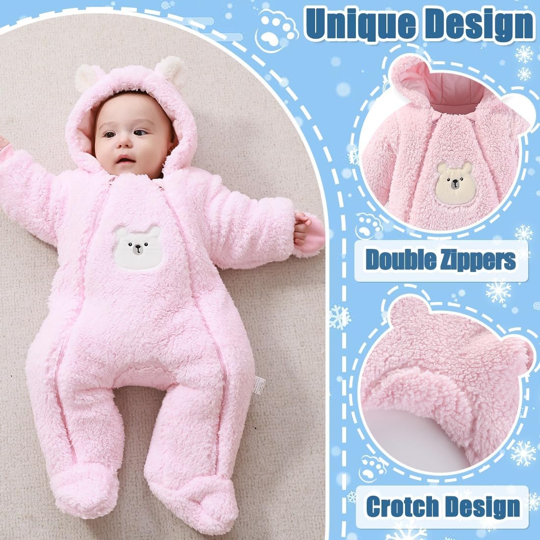 Fairy Baby Newborn Baby Winter Snowsuit Bear Thick Romper Footie Double Zip Hooded Jumpsuit Fleece Coat Infant Boy Girl 0-12M