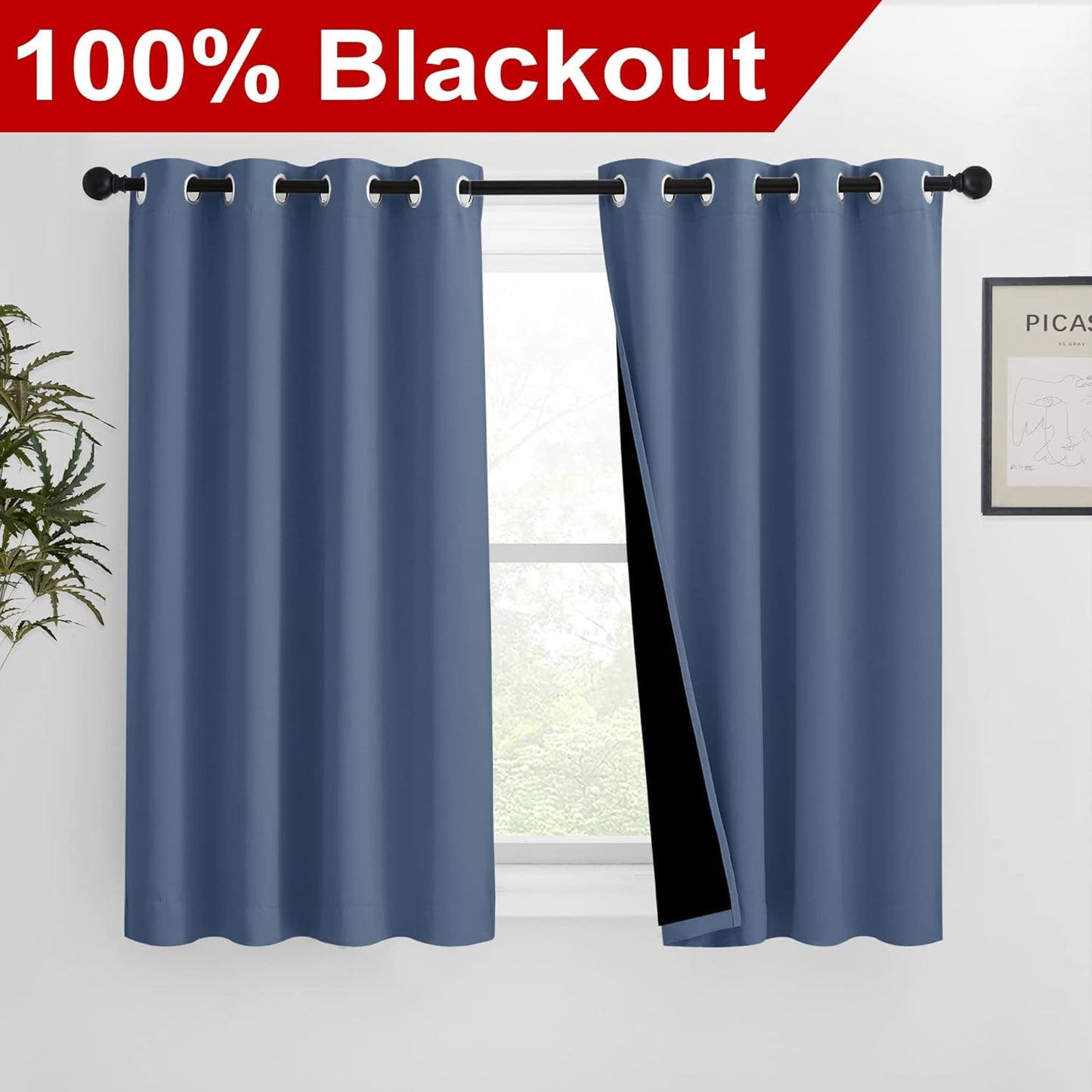 NICETOWN Stone Blue 100% Blackout Curtains 54 inches Long, Thermal Insulated Full Blackout 2-Layer Lined Drapes, Energy Efficiency Window Draperies for Boy's Room (2 Panels, 46-inch W)