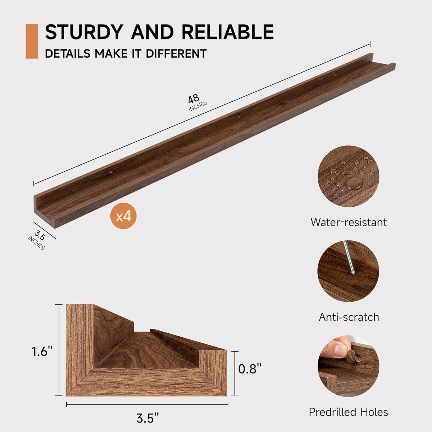 Picture Ledge Shelf for Wall, Floating Shelves Set of 4, 48 Inch Long Nursery Book Shelves for Toys Storage, Kids Bookshelf Wall Mounted for Books Photo Frames, Walnut