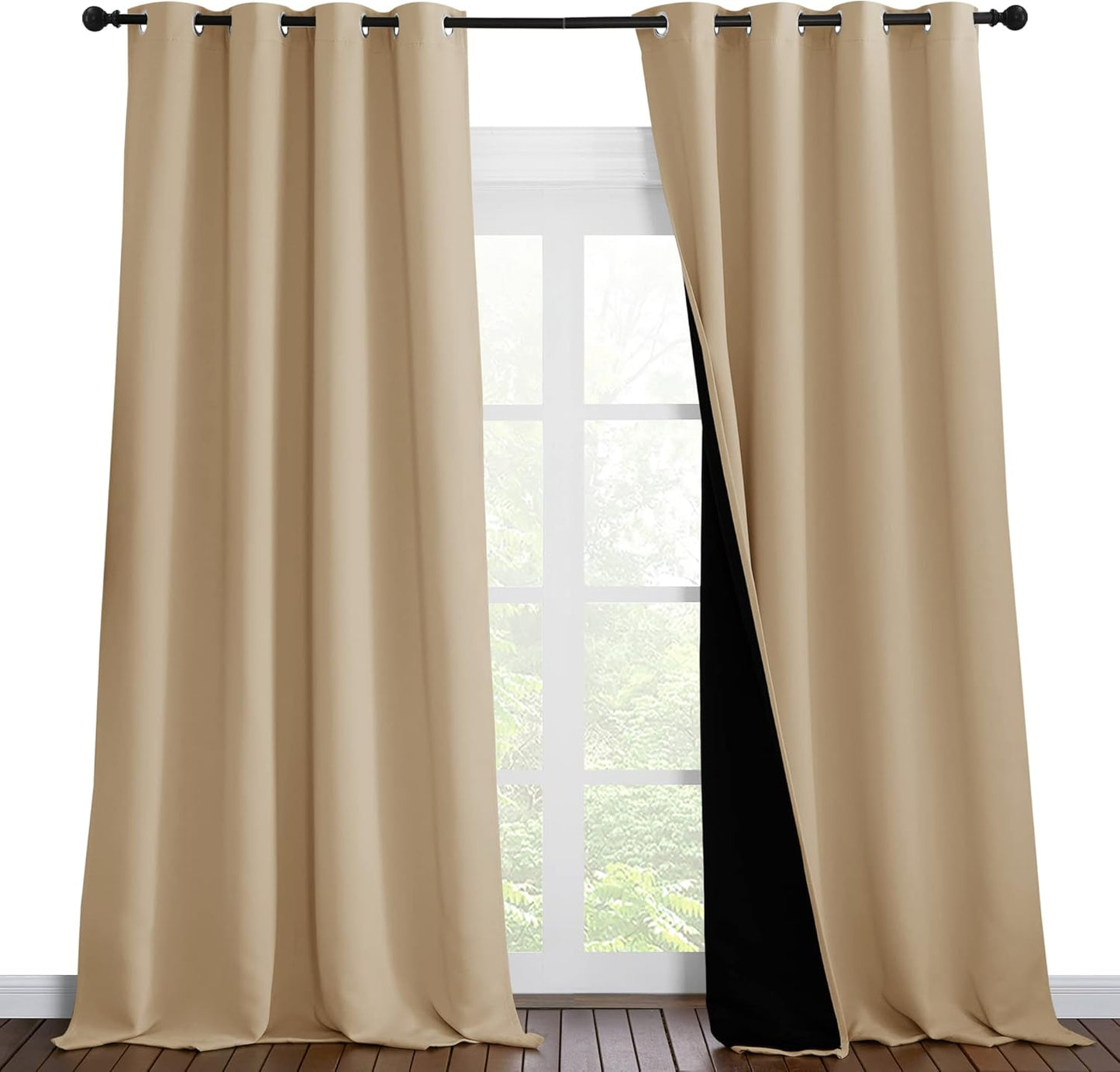 NICETOWN Thermal Insulated 100% Blackout Curtains, Sound Proof Drapes with Black Backing, Full Light Blocking Panels for Patio Sliding Door (Biscotti Beige, 1 Pair, 55 inches x 102 inches)