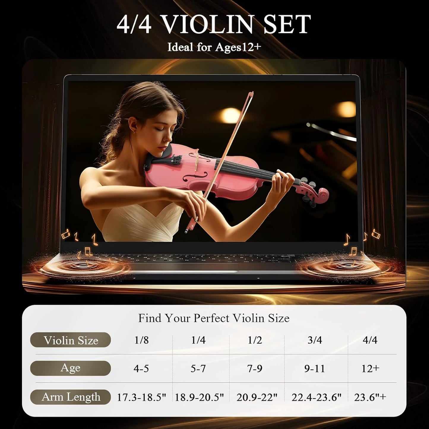 4/4 Beginner Violin for Adults, Complete Full Size Violin Kit with Portable Case, Bow, Rosin, Pink