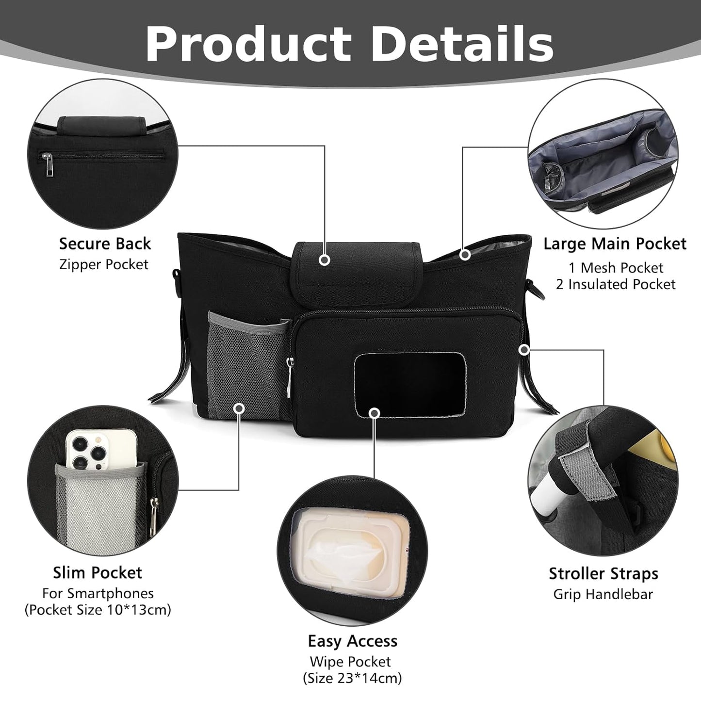 Accmor Universal Stroller Organizer with Insulated Cup Holder, Stroller Caddy Bag Accessories, Stroller Cup Holder Organizer for Uppababy Baby Jogger Britax Stroller, Black