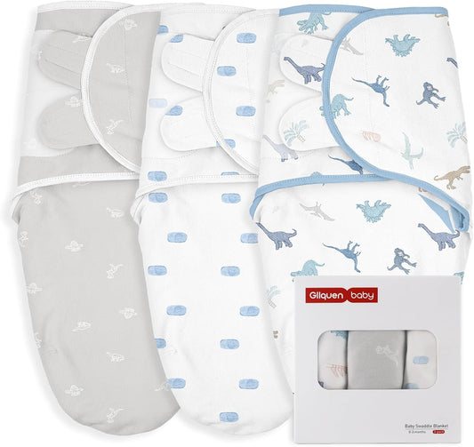 GLLQUEN BABY Swaddle 0-3 Months - 3 Pack Swaddles for Newborn, Adjustable Newborn Swaddling Wrap for Baby Boys and Girls, Swaddle Blanket Sleep Sack, Dinosaur & World, Easy Change