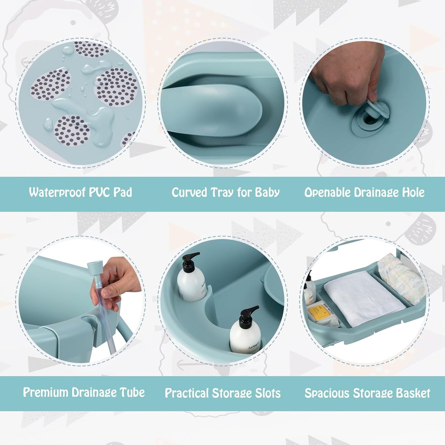 BABY JOY Baby Bathtub with Changing Table, Foldable Infant Diaper Changing Station with Storage Tray, Waterproof Pad, Portable Newborn Nursery Organizer Bath Stand with 4 Universal Wheels (Blue)