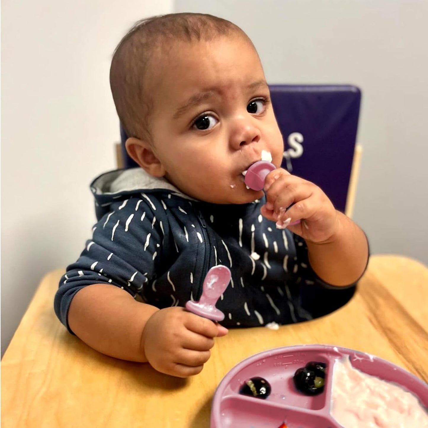 TalkTools ITSY Tiny Silicone Spoons – Twin Pack Soft Silicone Self-Feeding Training Spoons for Kids & Toddlers, Anti-Choking Flange Guard and Non-Slip Handle (Bubblegum)