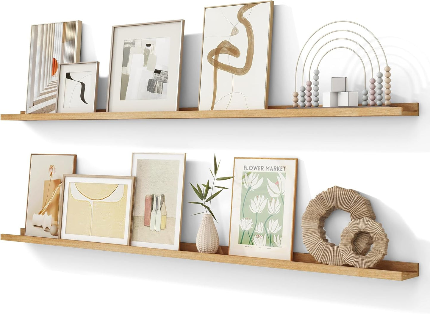 Picture Ledge Shelf, 72 inch Solid Ash Wood Floating Shelves Set of 2, Picture Ledge Photo Ledge Wall Mounted for Living Room Kids' Room Bedroom, Color Natural