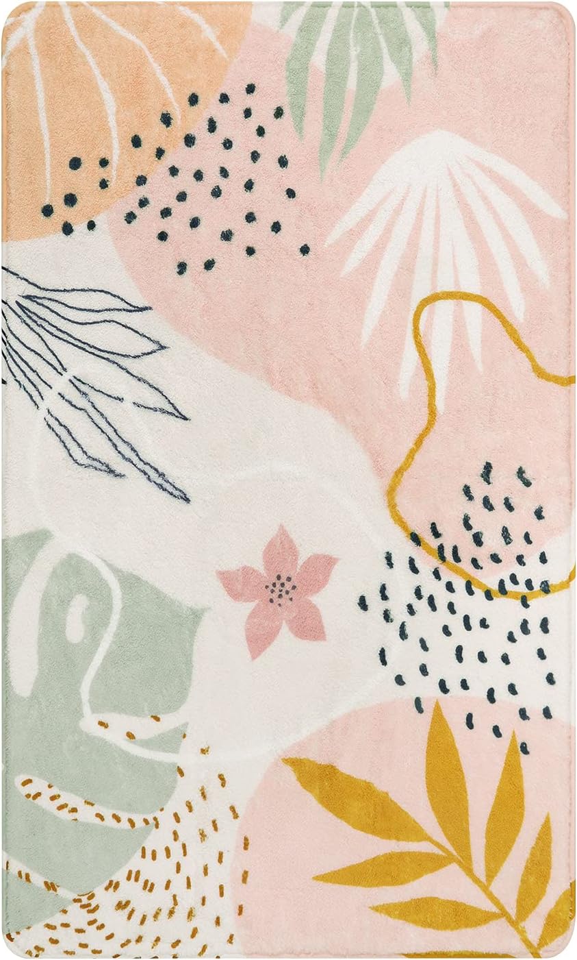 Lahome Pink Washable Living Room Area Rug - 3x5 Small Rugs for Bedroom Non-Slip Throw Soft Nursery Kids Room Low-Plie Boho Botanical Print Carpet for Kitchen Entryway Office Bath Laundry Dining Room