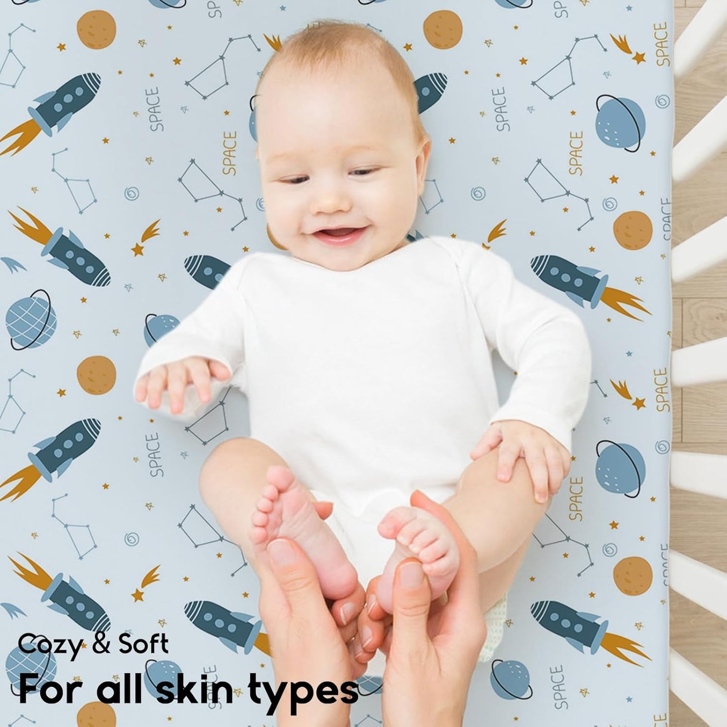 Yoofoss Pack and Play Sheets Fitted, Mini Crib Sheets 2-Pack for Pack N Play Mattress, Stretchy Playard Sheet, Soft and Breathable Blue Rocket