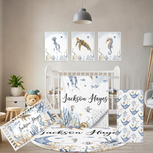 Custom Crib Bedding Set - 5 Pcs Customized Baby Crib Set with Name - Soft Double Layer Marine Animals Nursery Baby Bedding Set for Girls Boys - Personalized for Infant Toddler
