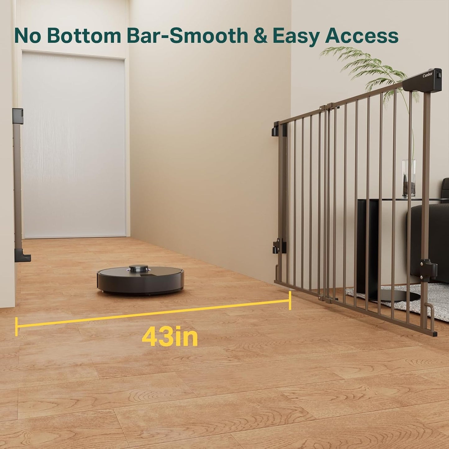 Cumbor 29.2-43" No Bottom Bar Baby Gate for Stairs, 2-in-1 Auto Close Dog Gate Indoor, Hardware Mounted Pet Gate for Doorways with Large Walk Thru Door, Child-Proof Safety Gate for Kids (Brown)