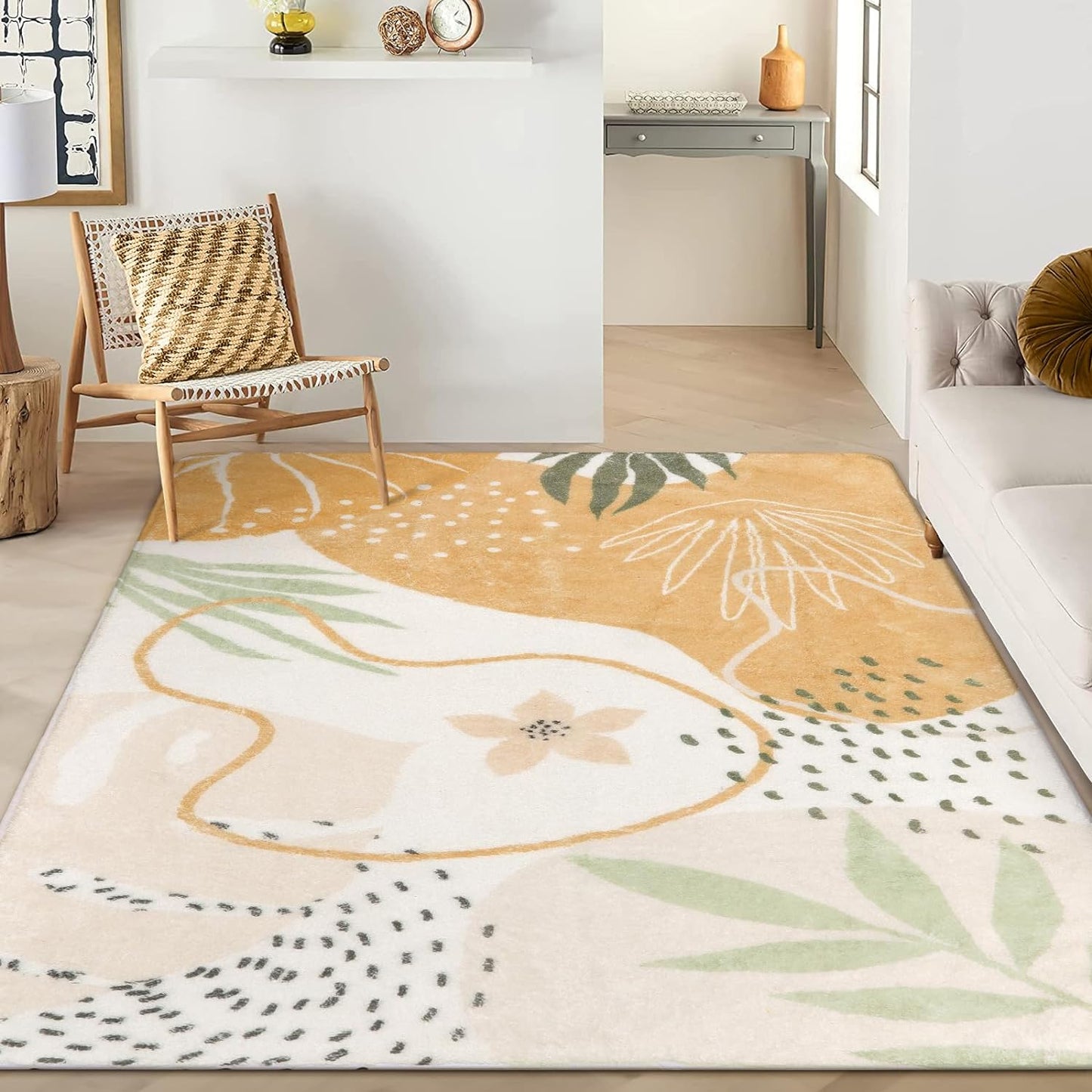 Lahome Boho Rugs for Living Room 8x10 - Washable Non-Slip Backing Large Carpet Ultra-Thin Throw Soft Bedroom Area Rug，Taupe Botanical Print Ultra-Thin Rug for Classroom Nursery Dining Room Farmhouse