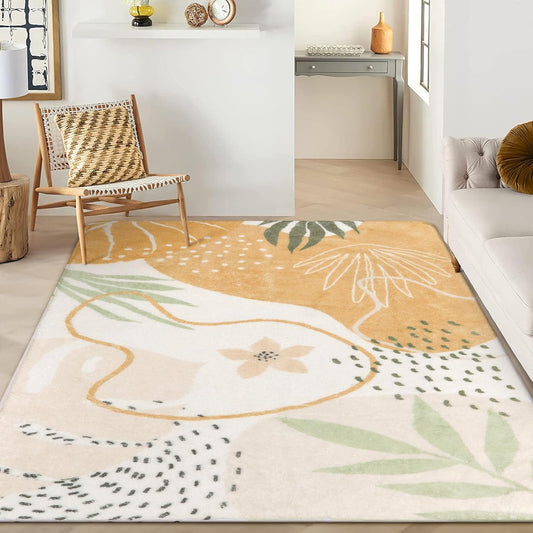Lahome Boho Rugs for Living Room 8x10 - Washable Non-Slip Backing Large Carpet Ultra-Thin Throw Soft Bedroom Area Rug，Taupe Botanical Print Ultra-Thin Rug for Classroom Nursery Dining Room Farmhouse