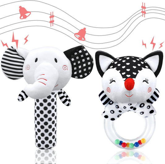Baby Rattles & Toys - 0-3 Months, High Contrast Black & White Plush Stuffed Toys for Infants