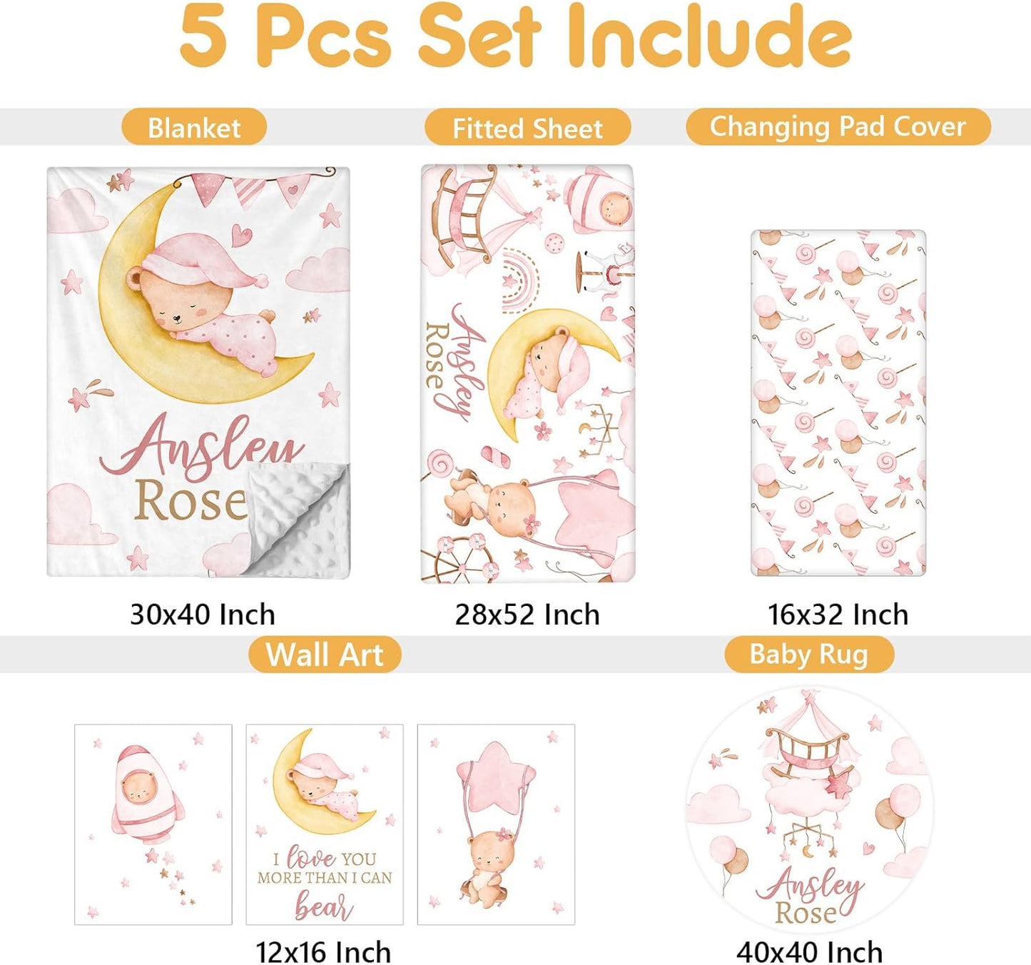 Custom Crib Bedding Set, 5 Pcs Customized Baby Crib Set with Name, Soft Double Layer Nursery Baby Bedding Set for Girls Boys, Personalized for Infants Toddlers, Pink Moon Bear