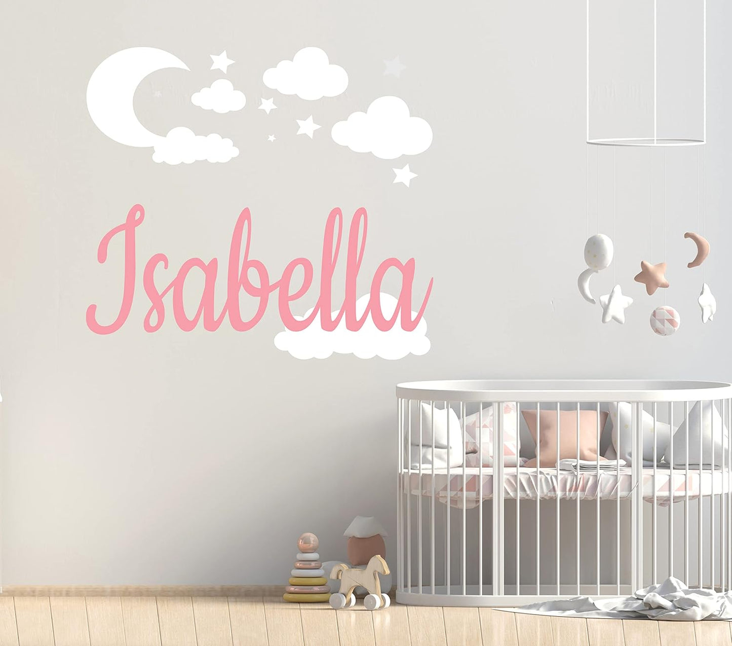 Custom Name with Moon Clouds and Stars - Nursery Baby Name Wall Art - Wall Decal for Nursery Bedroom playroom Decoration (Wide 20x20inch Height)