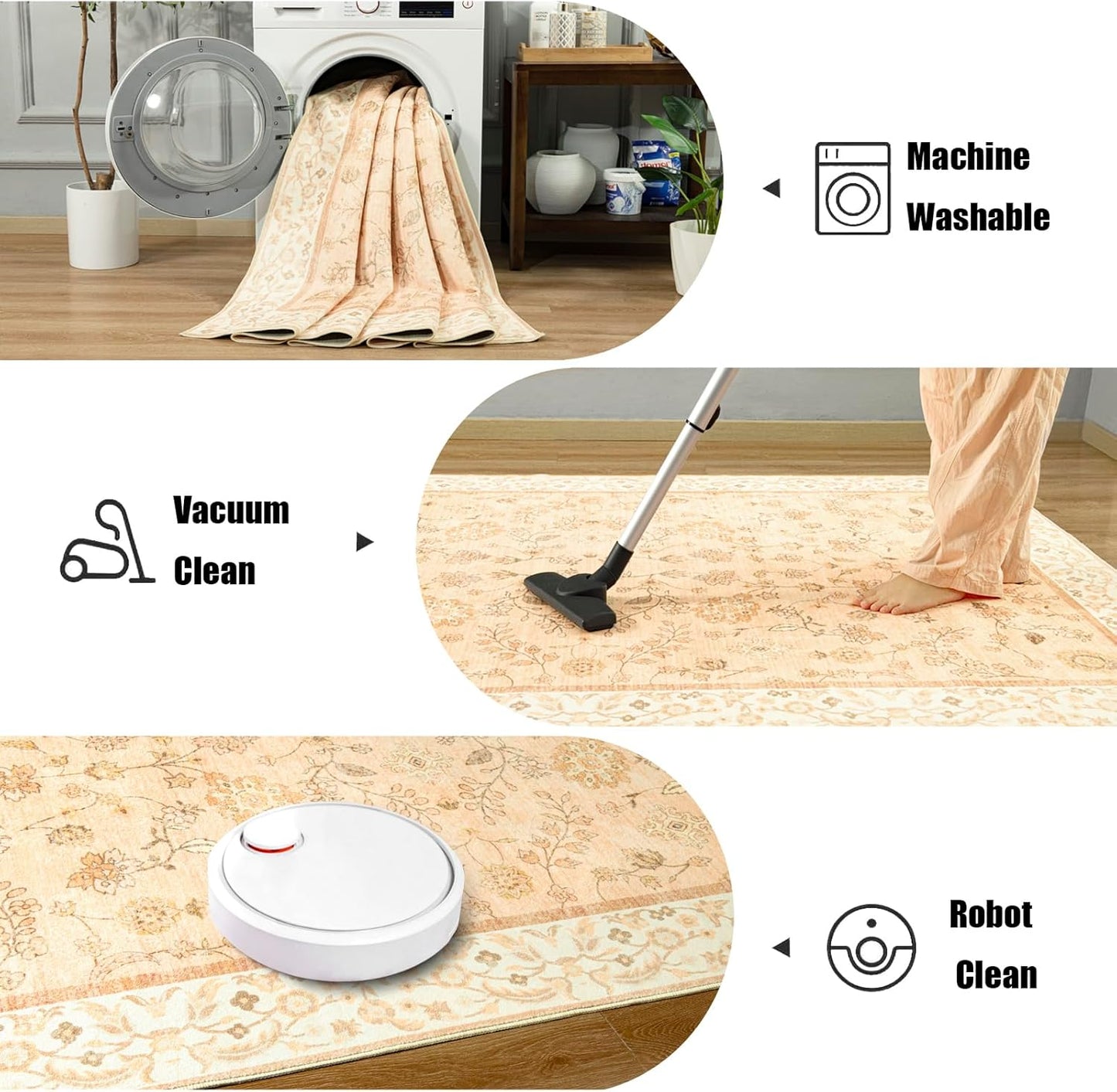 LOCHAS Washable Area Rugs 6x9, Peach Floral Rug for Living Room Bedroom Non Slip, Ultra Soft Vintage Indoor Carpet for Kids, Nursery, Dorm, Dining Room, Classroom, Boho Flower Home Decor, Low-Pile