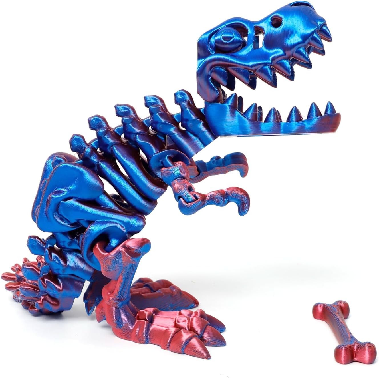 Flavery 3D Printed Dinosaur with Bones - 10 inch Flexible T-Rex Skeleton with Bones, 3D Fidget Toy, Birthday Gift, Dragon Collection, Desk Executive Toy - (Red Mix Blue)