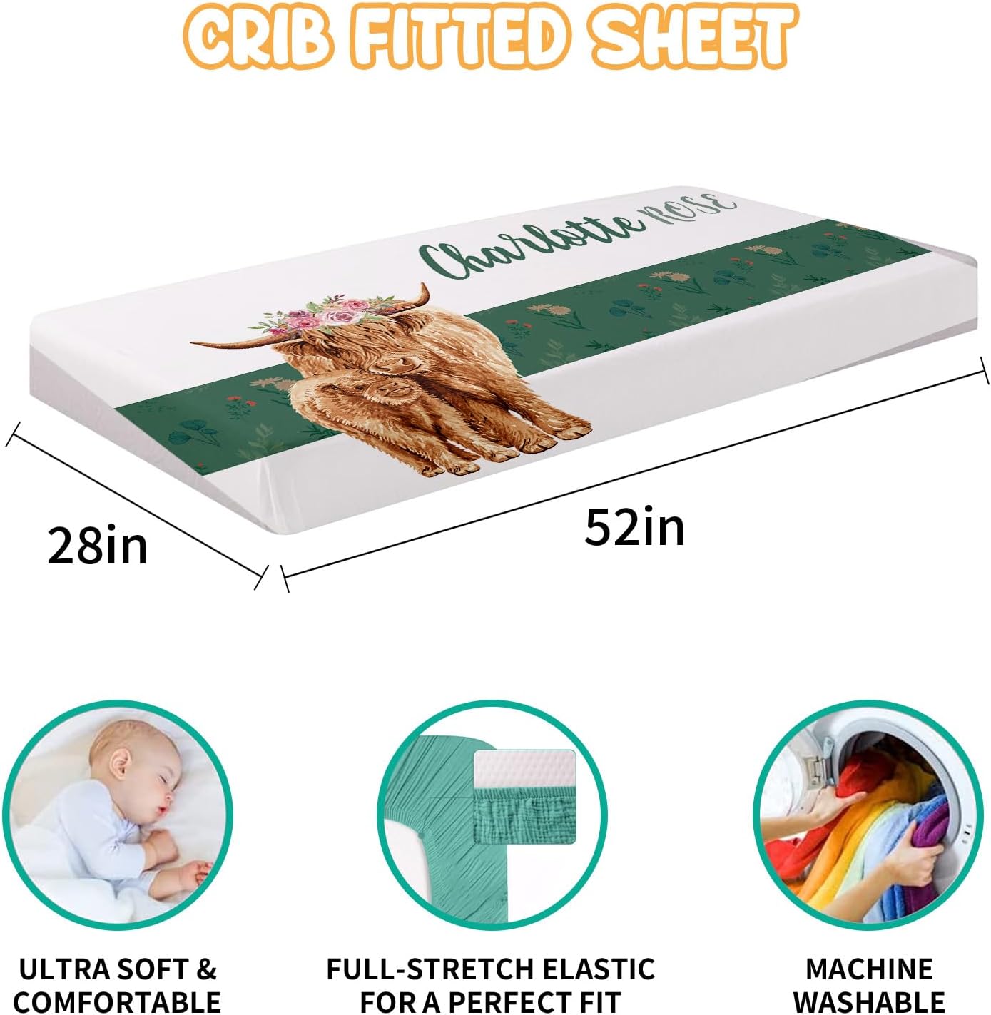 Custom Crib Bedding Set - Highland Cow Design Personalized Name Baby Nursery Bed 3 Pcs Set - Chic Soft Blanket with Dotted Backing, Sheet, Pillowcase for Newborn Girls Boys Gifts Color04